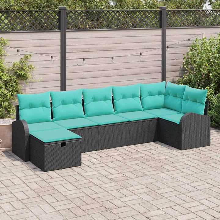 Havesofa Sæt med pude med opbevaring 7 pcs Sort polyrattan