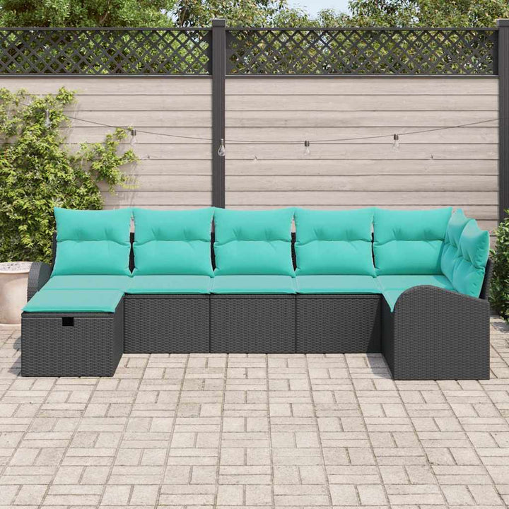 Havesofa Sæt med pude med opbevaring 7 pcs Sort polyrattan
