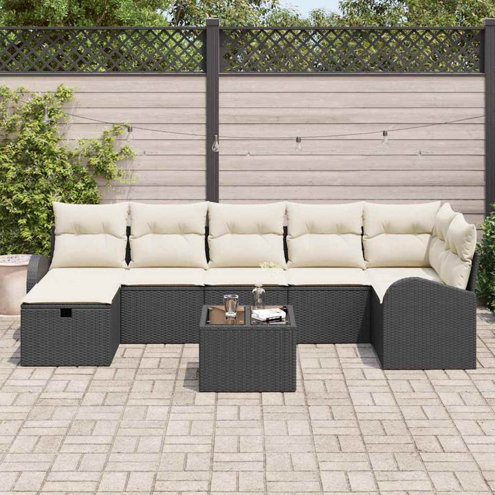 Havesofa Sæt med pude med opbevaring 8 pcs Sort Poly rattan