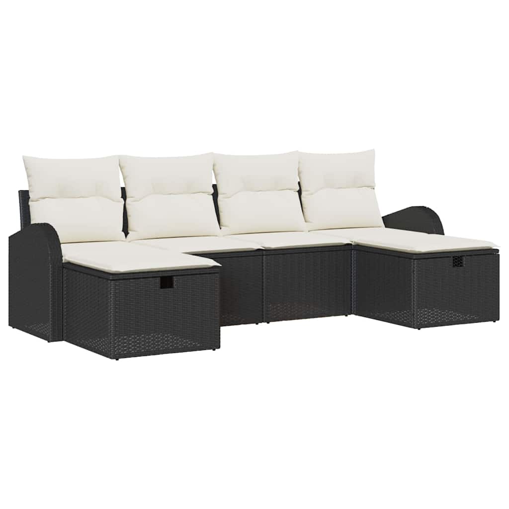 Havesofa Sæt med pude med opbevaring 6 pcs Sort Poly rattan