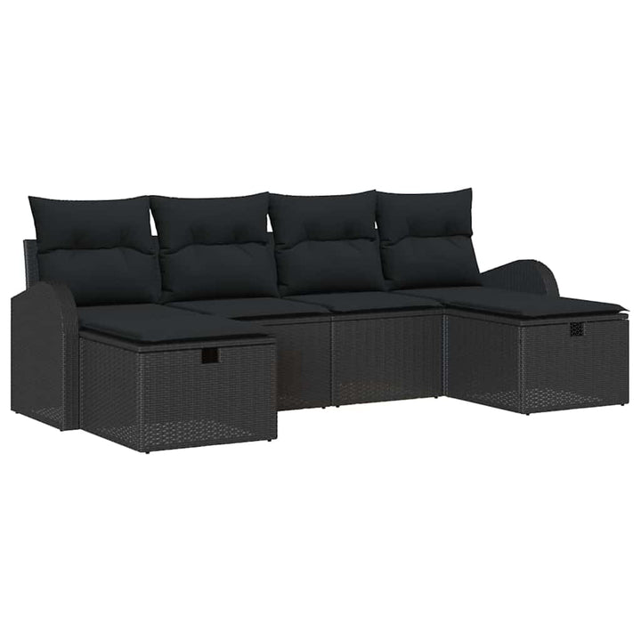 Havesofa Sæt med pude med opbevaring 6 pcs Sort polyrattan