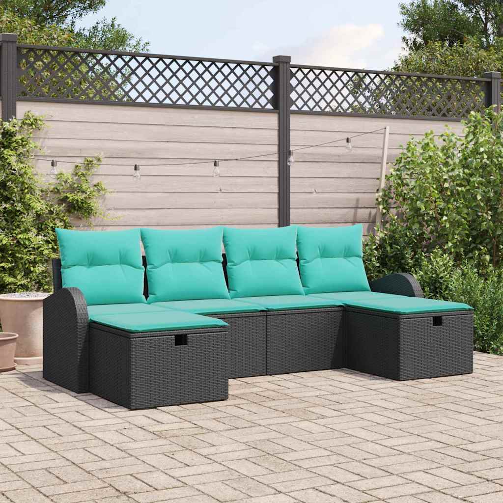Havesofa Sæt med pude med opbevaring 6 pcs Sort polyrattan