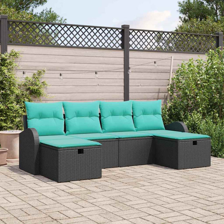 Havesofa Sæt med pude med opbevaring 6 pcs Sort polyrattan