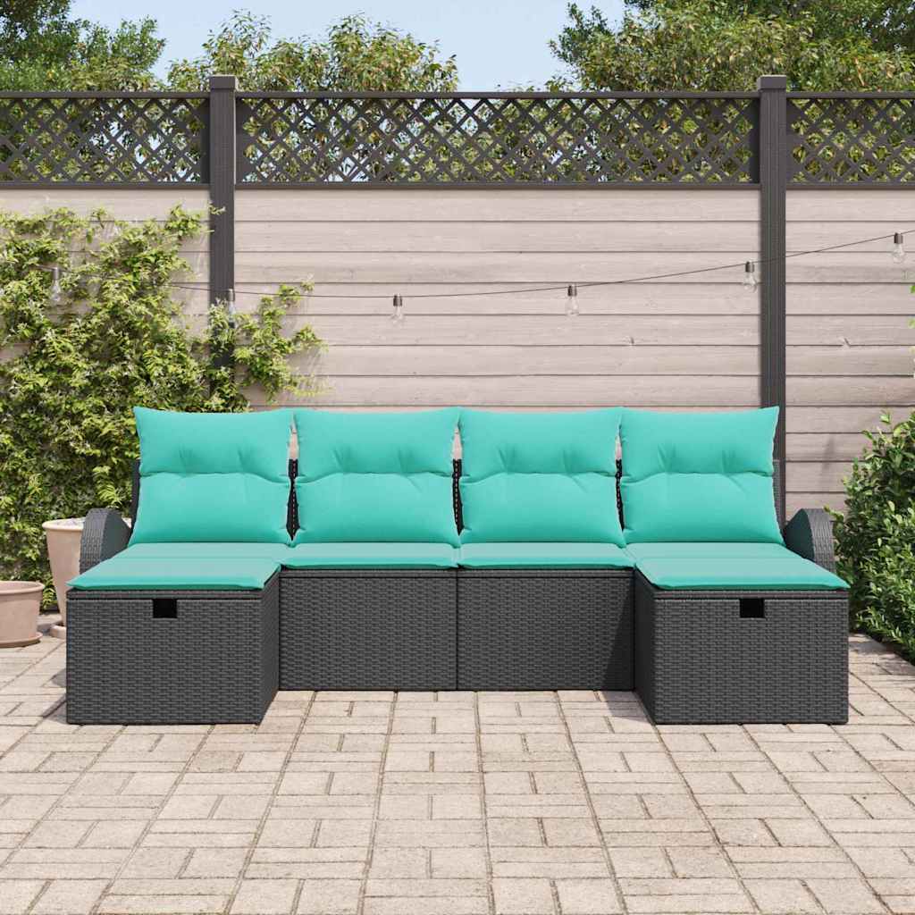 Havesofa Sæt med pude med opbevaring 6 pcs Sort polyrattan
