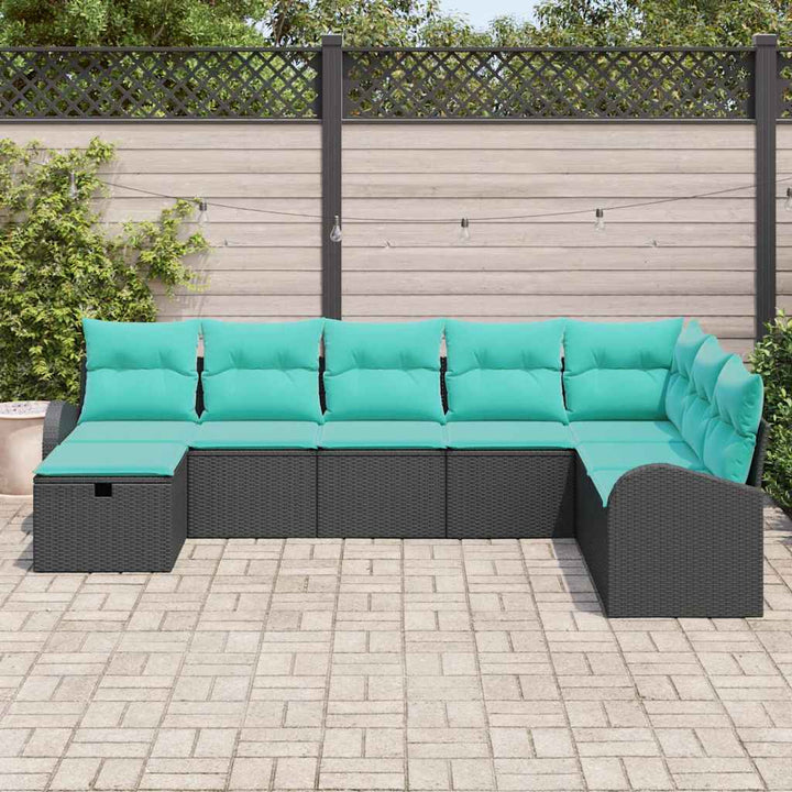 Havesofa Sæt med pude med opbevaring 8 pcs Sort Poly rattan