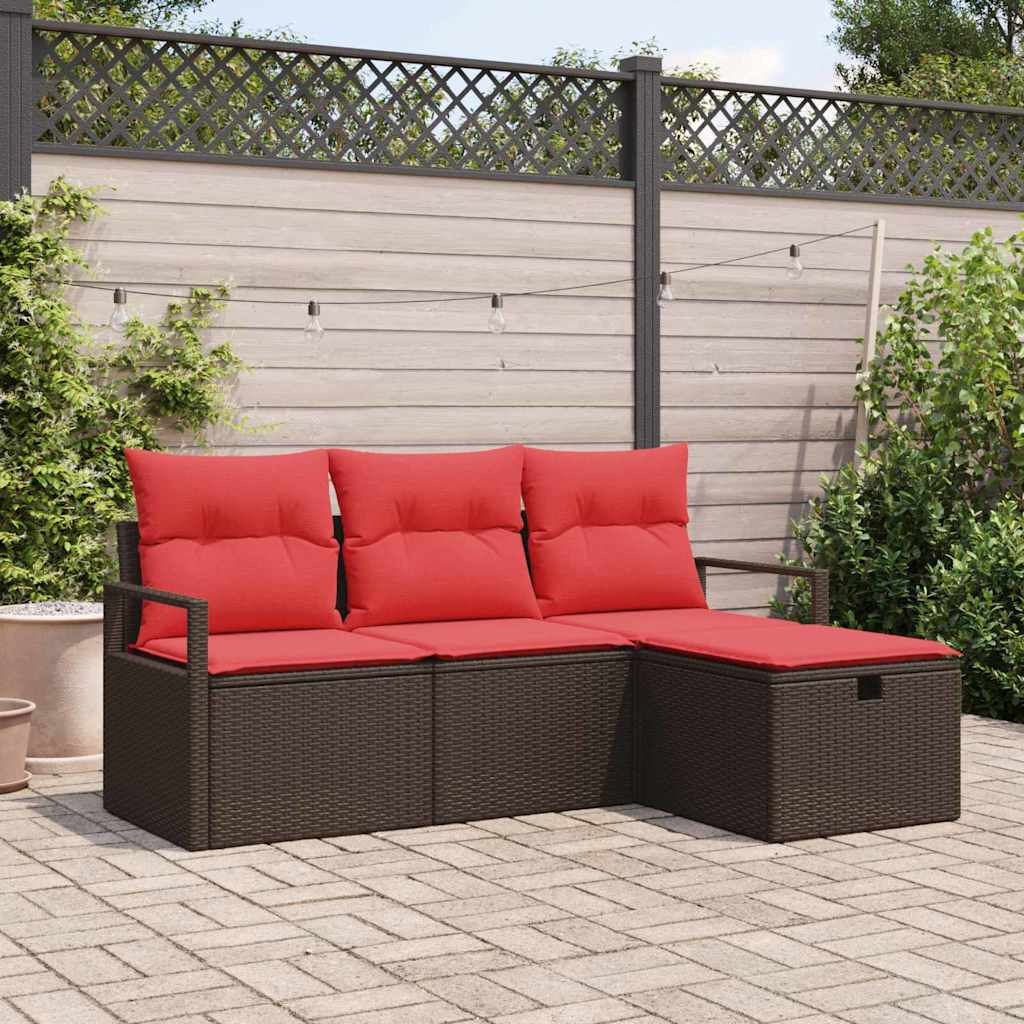 Havesofa Sæt med pude med opbevaring 4 pcs Brun polyrattan