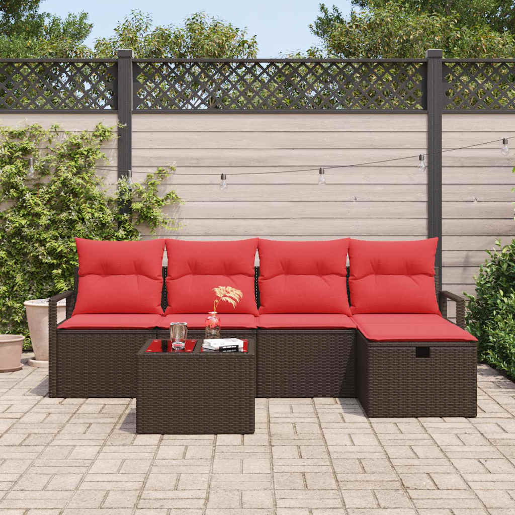 Havesofa Sæt med pude med opbevaring 6 pcs Brun polyrattan