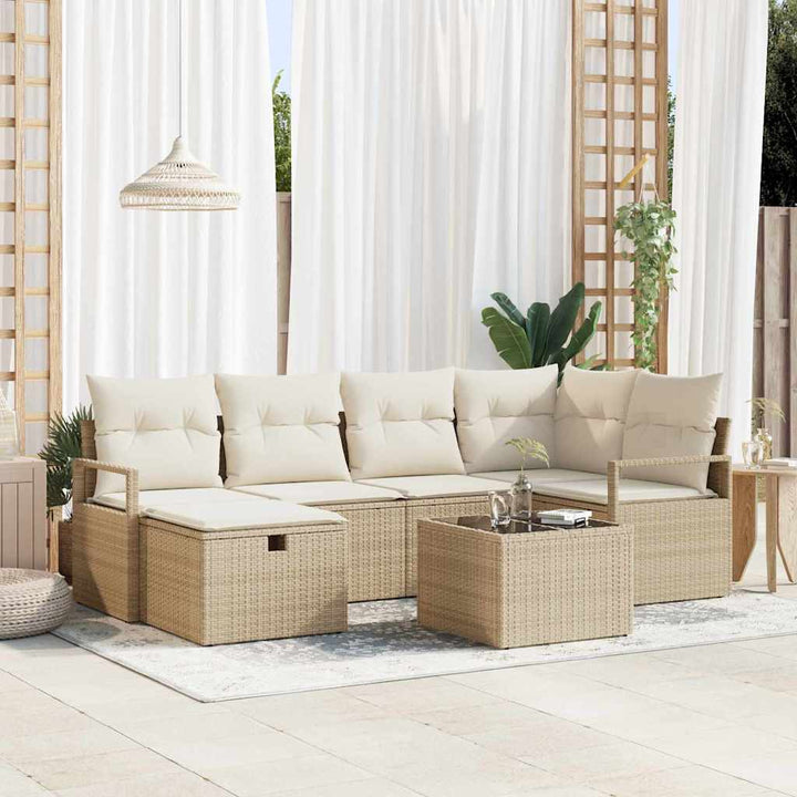 Havesofa Sæt med pude med opbevaring 7 pcs Beige Poly rattan
