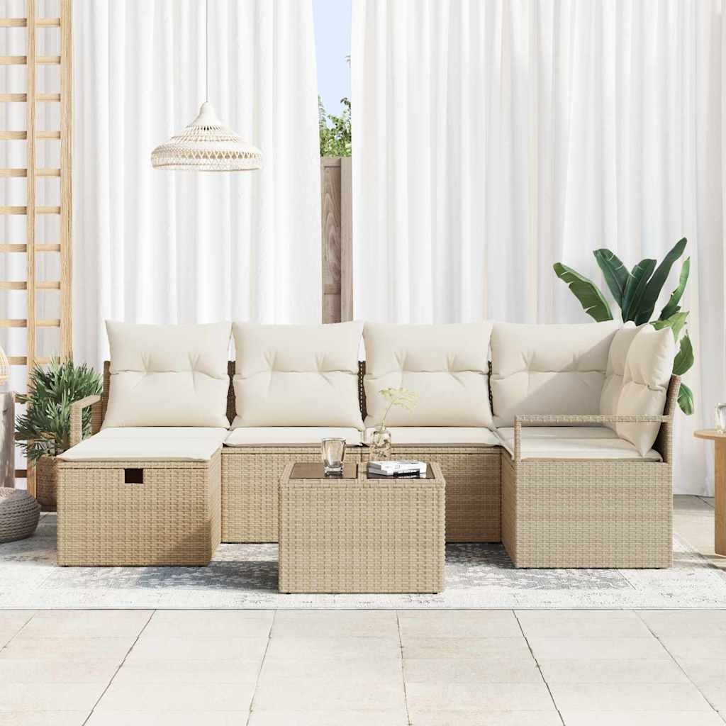 Havesofa Sæt med pude med opbevaring 7 pcs Beige Poly rattan