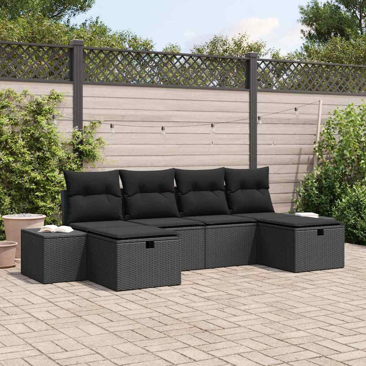 Havesofa Sæt med pude med opbevaring 6 pcs Sort polyrattan