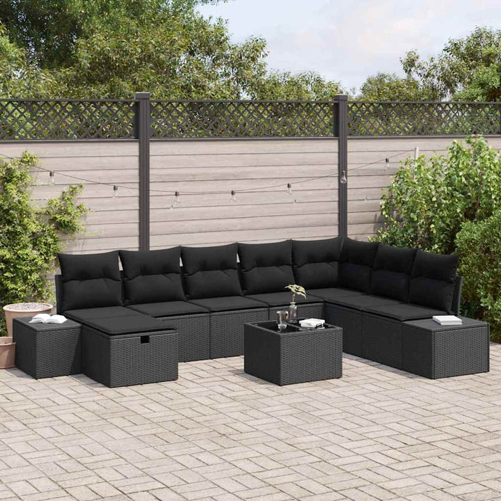 Havesofa Sæt med pude 9 pcs Sort Poly rattan