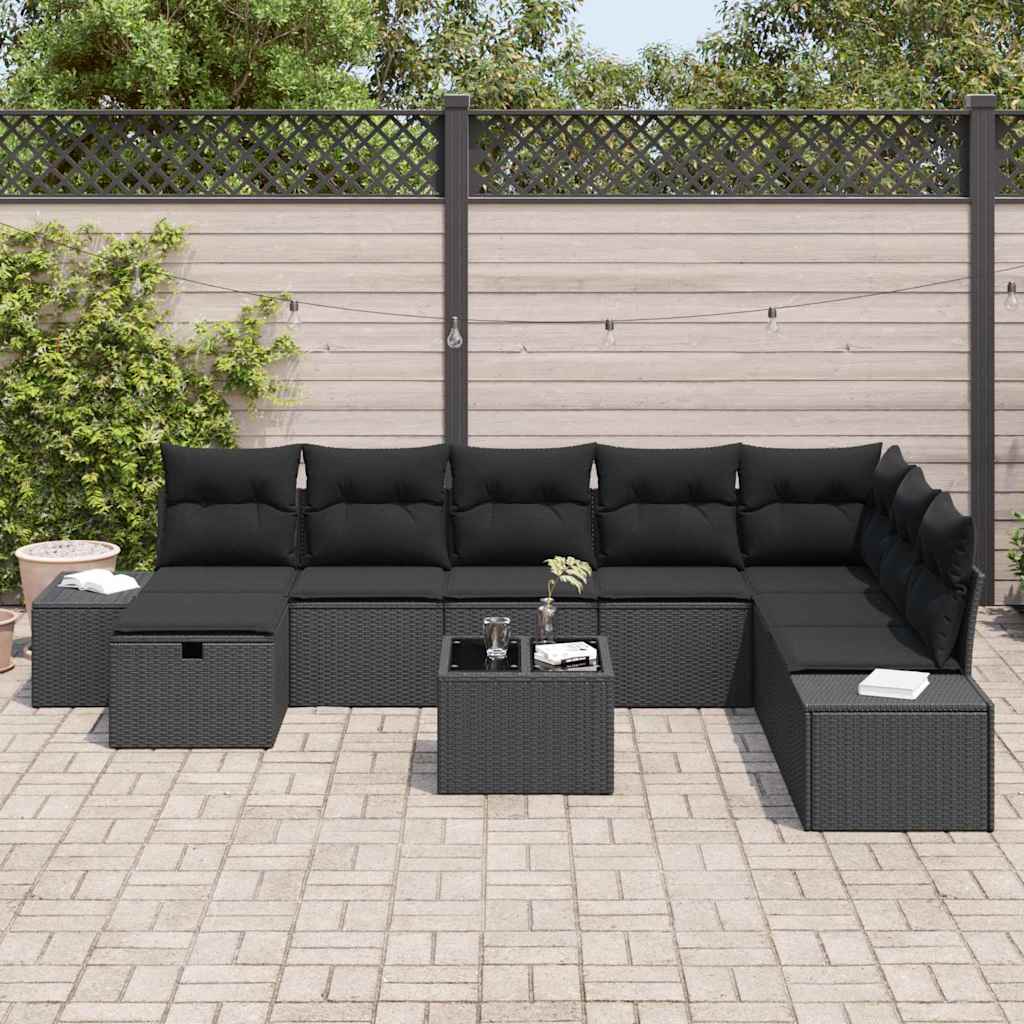 Havesofa Sæt med pude 9 pcs Sort Poly rattan