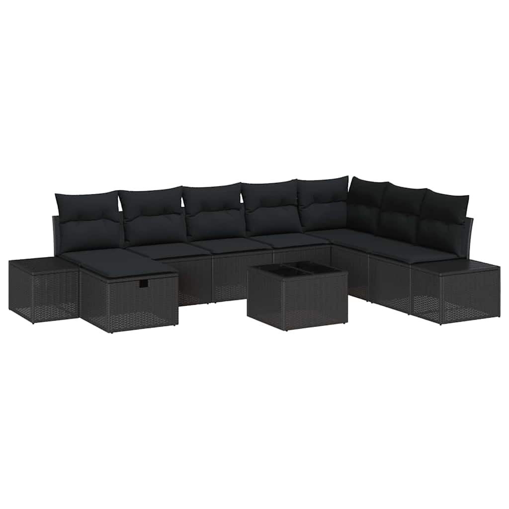 Havesofa Sæt med pude 9 pcs Sort Poly rattan