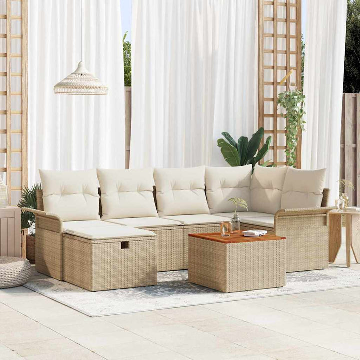 Havesofa Sæt med pude med opbevaring 7 pcs Beige Poly rattan