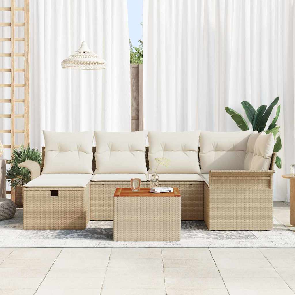 Havesofa Sæt med pude med opbevaring 7 pcs Beige Poly rattan
