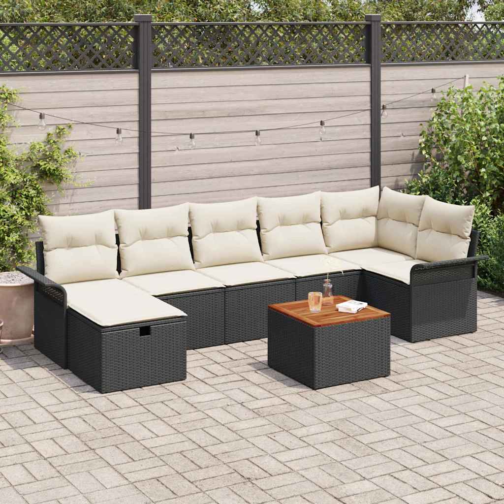 Havesofa Sæt med pude med opbevaring 8 pcs Sort Poly rattan