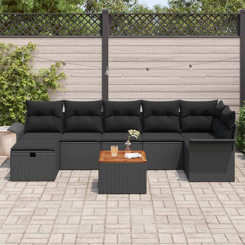 Havesofa Sæt med pude med opbevaring 8 pcs Sort Poly rattan