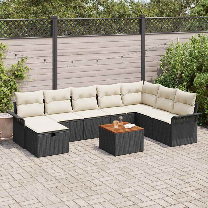 Havesofa Sæt med pude med opbevaring 9 pcs Sort Poly rattan