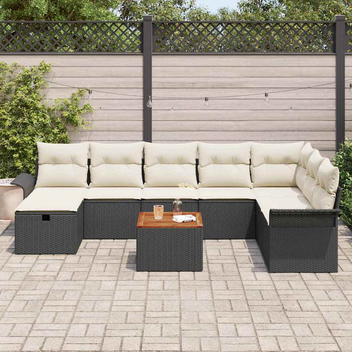 Havesofa Sæt med pude med opbevaring 9 pcs Sort Poly rattan