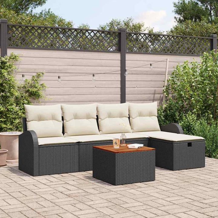 Havesofa Sæt med pude med opbevaring 6 pcs Sort Poly rattan
