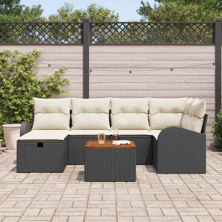 Havesofa Sæt med pude med opbevaring 7 pcs Sort Poly rattan