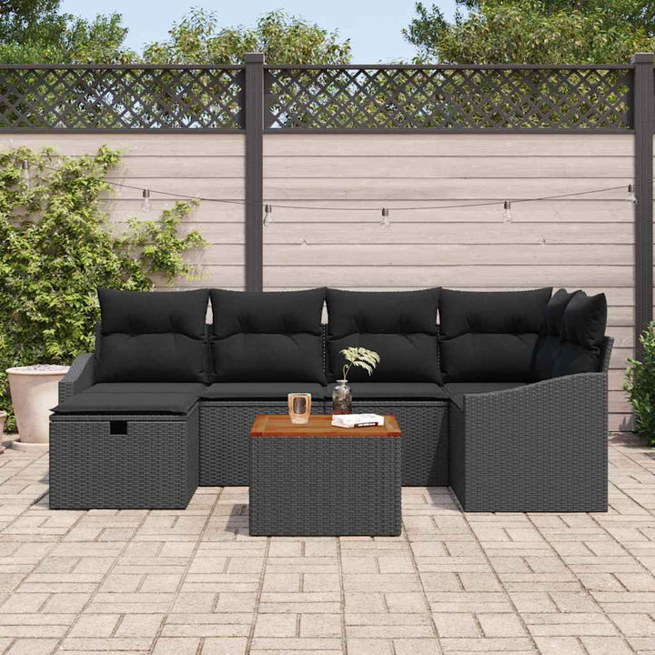 Havesofa Sæt med pude med opbevaring 7 pcs Sort Poly rattan