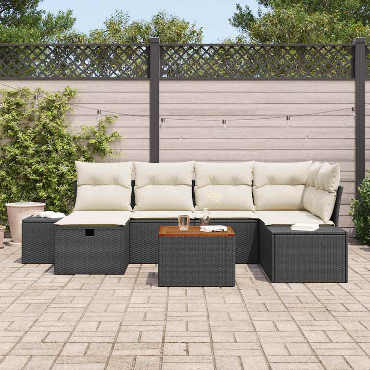 Havesofa Sæt med pude med opbevaring 7 pcs Sort Poly rattan