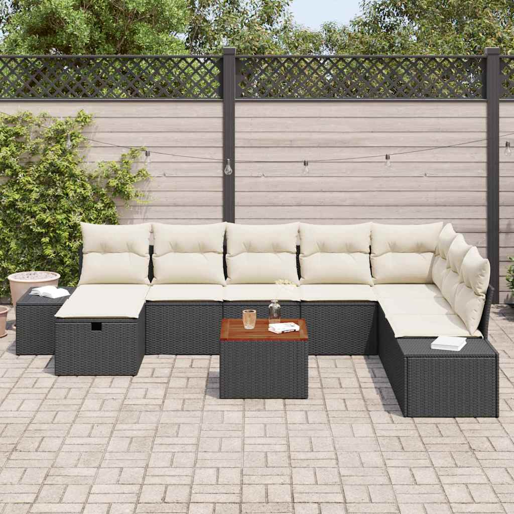 Havesofa Sæt med pude med opbevaring 9 pcs Sort Poly rattan