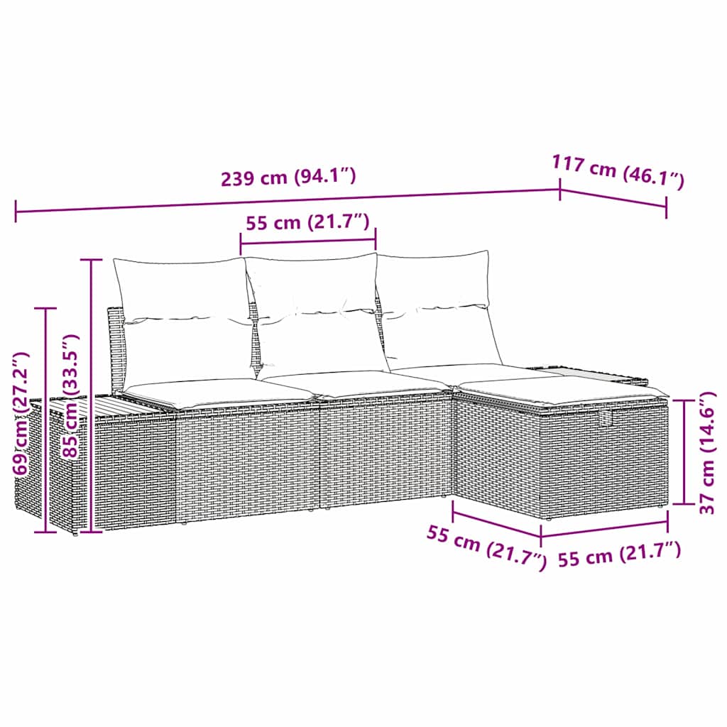 Havesofa Sæt med pude med opbevaring 4 pcs Sort polyrattan