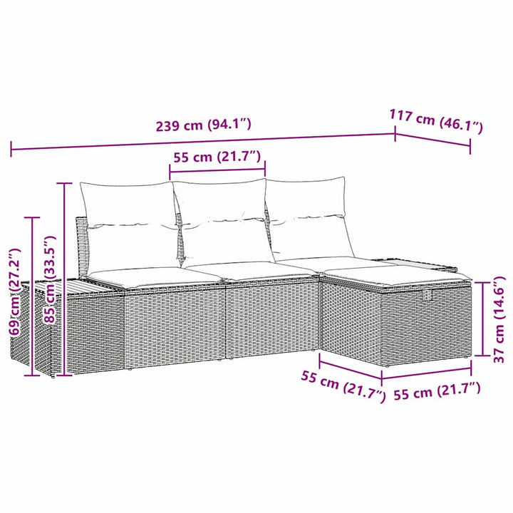 Havesofa Sæt med pude med opbevaring 4 pcs Sort polyrattan