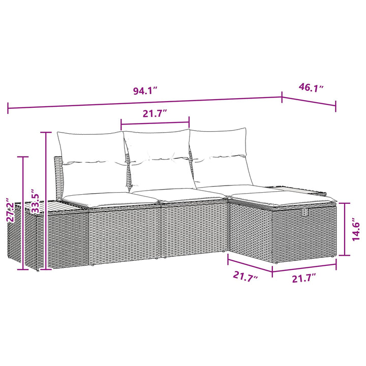 Havesofa Sæt med pude med opbevaring 4 pcs Sort polyrattan