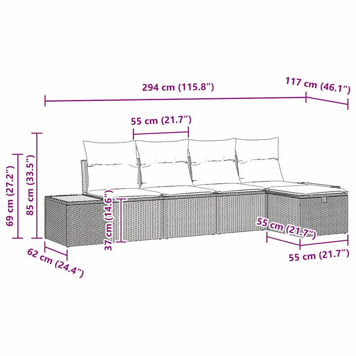 Havesofa Sæt med pude 5 pcs Sort Poly rattan