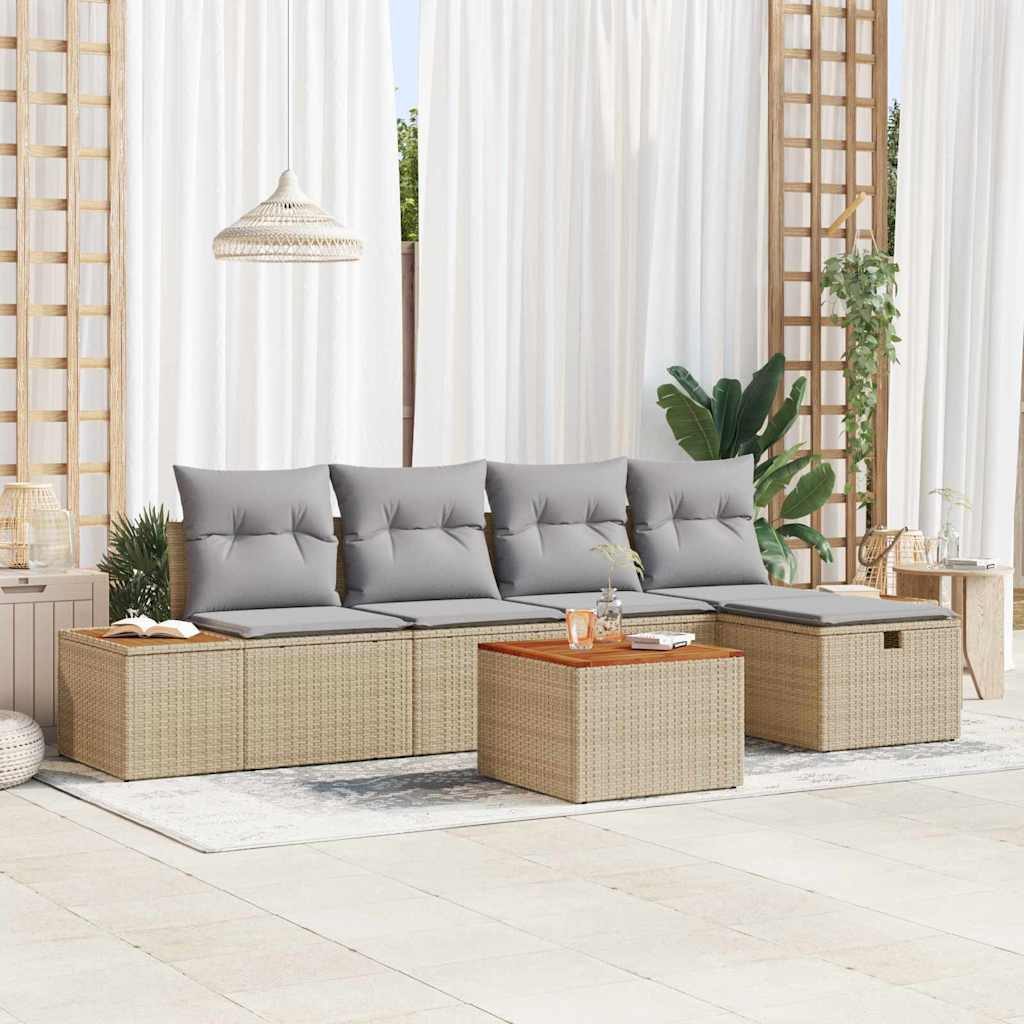 Havesofa Sæt med pude 6 pcs Beige Poly rattan