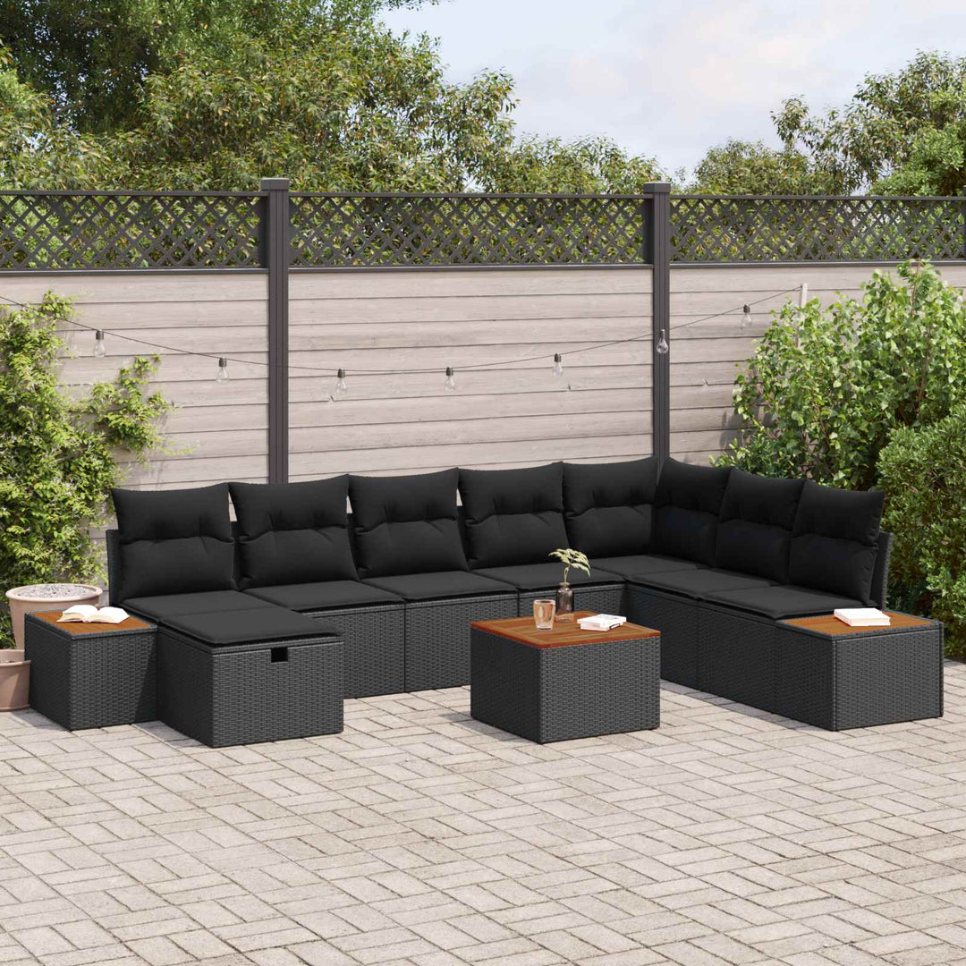 Havesofa Sæt med pude 9 pcs Sort Poly rattan
