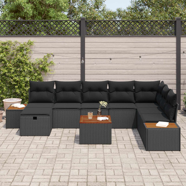 Havesofa Sæt med pude 9 pcs Sort Poly rattan