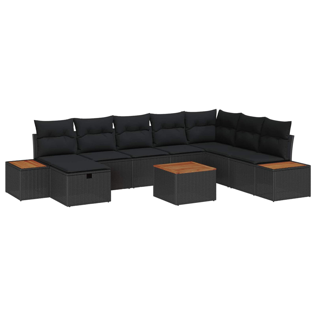 Havesofa Sæt med pude 9 pcs Sort Poly rattan