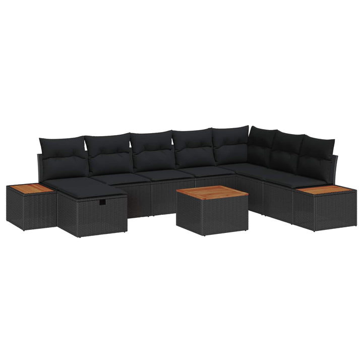Havesofa Sæt med pude 9 pcs Sort Poly rattan