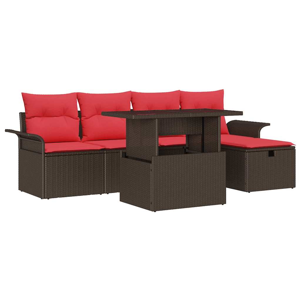 Havesofa Sæt med pude med opbevaring 6 pcs Brun polyrattan