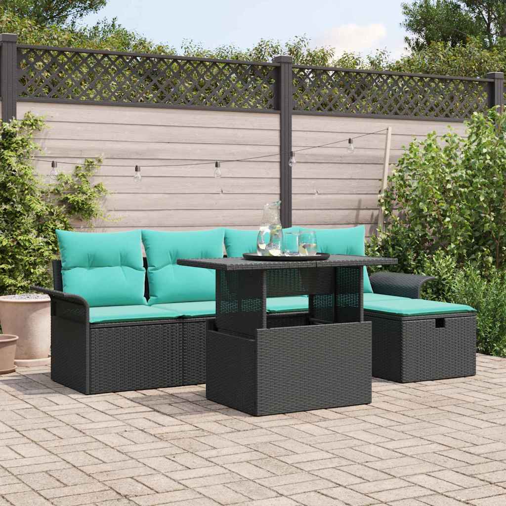 Havesofa Sæt med pude med opbevaring 6 pcs Sort polyrattan