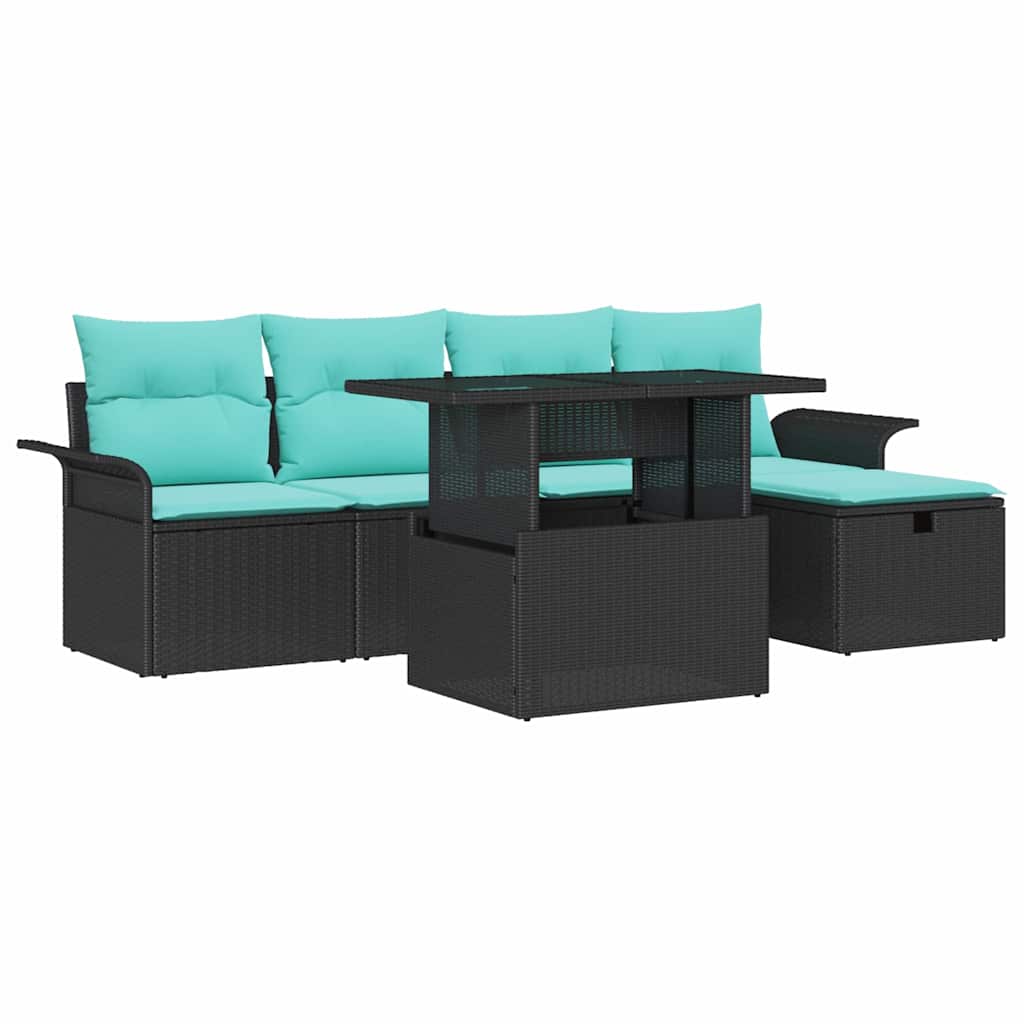 Havesofa Sæt med pude med opbevaring 6 pcs Sort polyrattan
