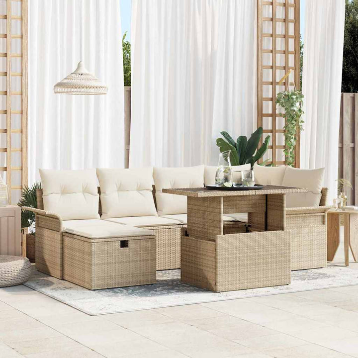 Havesofa Sæt med pude med opbevaring 7 pcs Beige Poly rattan