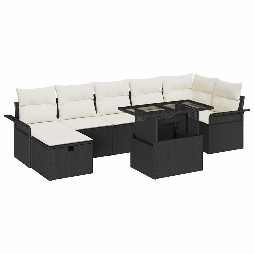 Havesofa Sæt med pude med opbevaring 8 pcs Sort Poly rattan