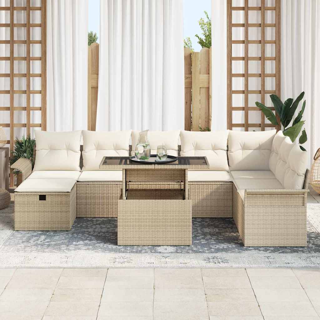 Havesofa Sæt med pude med opbevaring 9 pcs Beige Poly rattan