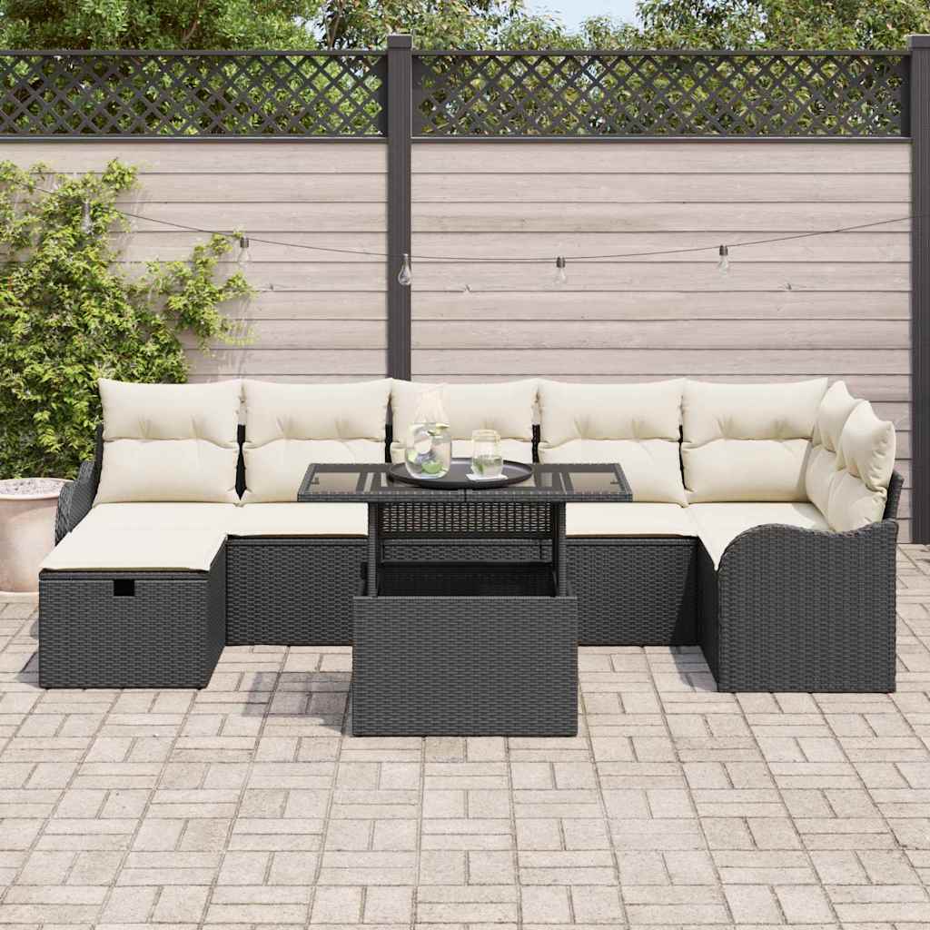 Havesofa Sæt med pude med opbevaring 8 pcs Sort Poly rattan