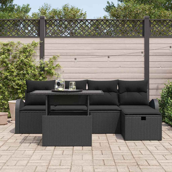 Havesofa Sæt med pude med opbevaring 6 pcs Sort Poly rattan