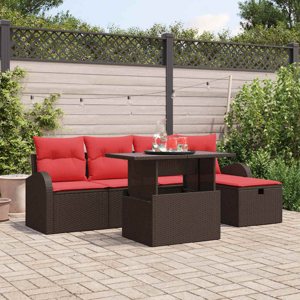 Havesofa Sæt med pude med opbevaring 6 pcs Brun Poly rattan