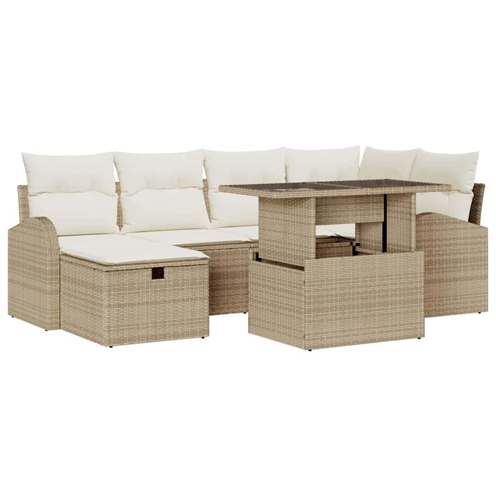 Havesofa Sæt med pude med opbevaring 7 pcs Beige Poly rattan
