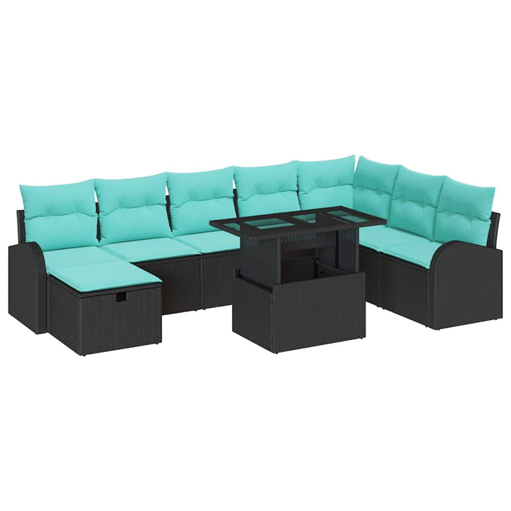 Havesofa Sæt med pude med opbevaring 9 pcs Sort Poly rattan