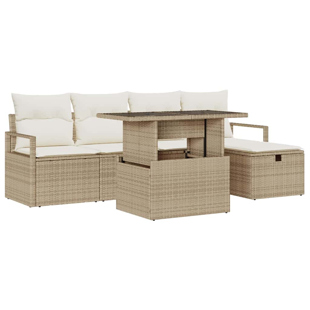 Havesofa Sæt med pude med opbevaring 6 pcs Beige Poly rattan