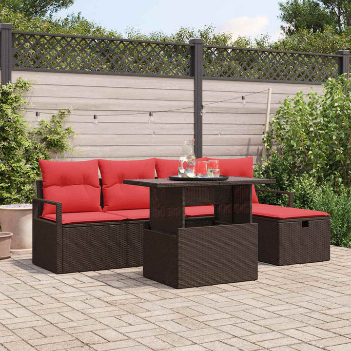 Havesofa Sæt med pude med opbevaring 6 pcs Brun Poly rattan